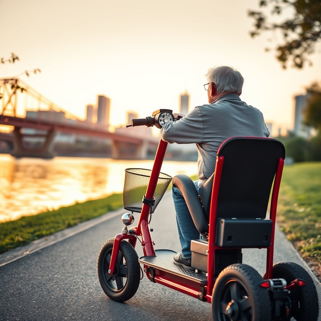 A clean mobility scooter parked on a sunny sidewalk in Rochester